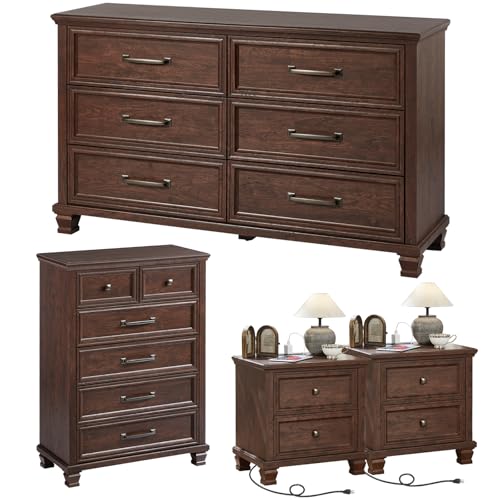 Farmhouse Bedroom Dresser and Nightstand Set of 4, 6 Drawer Tall & Low Dresser & 2 Drawer Nightstand Set, Rustic Wood Furniture Set for Bedroom, Hallway, Walnut