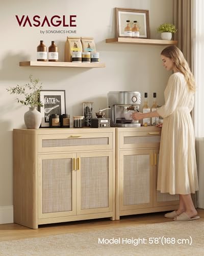 VASAGLE ELLAN Collection - Boho Buffet Cabinets with Rattan-Look Doors, Sideboard Storage Cabinet, Rounded Corners, Adjustable Shelf, Drawer, for Dining Room, Set of 2, Oak Beige UBBK601YC01-2J