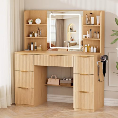 43" Large Natural Wood Makeup Vanity Desk with Charging Station, view 2