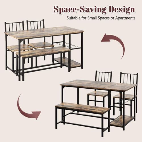 Dining Table Set for 4 with Bench, 55" Kitchen Table and Chairs Set with Wine Rack, Glass Holder & Storage Shelves, Space Saving Dining Room Table Set for Small Kitchen, Apartment, Rustic Brown