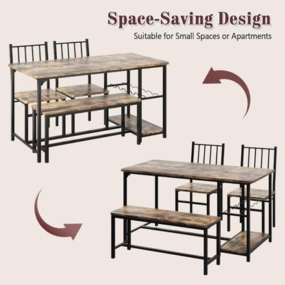 Dining Table Set for 4 with Bench, 55" Kitchen Table and Chairs Set with Wine Rack, Glass Holder & Storage Shelves, Space Saving Dining Room Table Set for Small Kitchen, Apartment, Rustic Brown