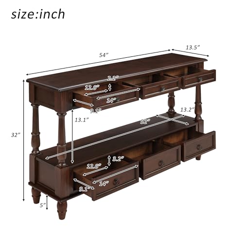 54'' Solid Wood Console Table, Farmhouse Entryway Table with 6 Drawers and Shelf, Narrow Long Sofa Table with Storage for Living Room Hallway, Couch, Foyer (Espresso)