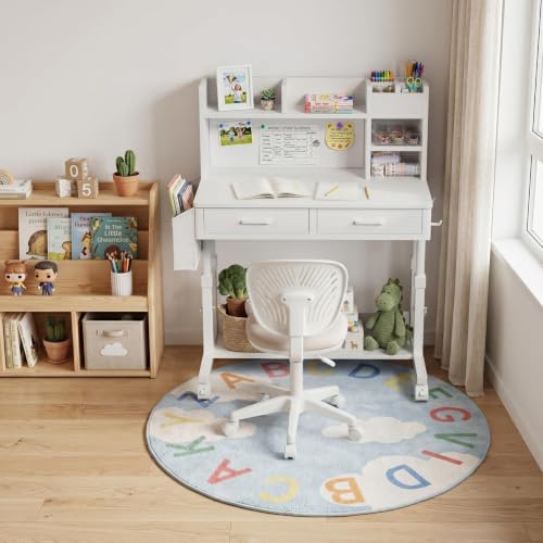 White Kids Desk with Hutch, Height Adjustable 32" Small Study Table, view 3