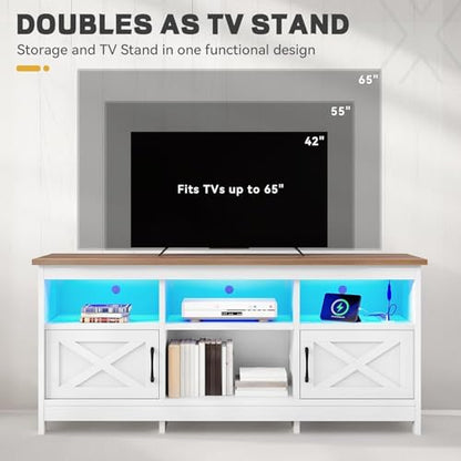 TV Stand with Cabinets, Power Outlet & LED, Living Room, White, view 7