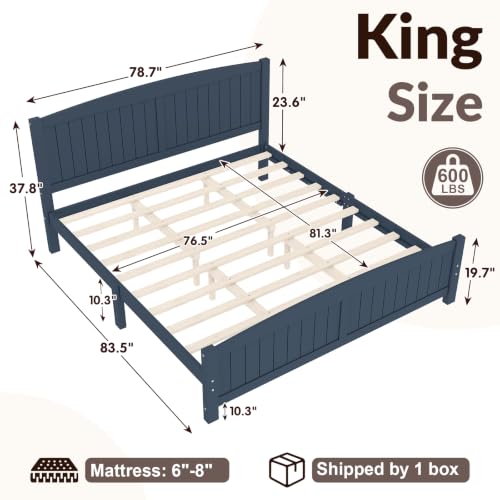 King Size Farmhouse Bed Frame with Headboard & Footboard, Blue Wood Bed, view 3
