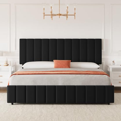 King Size Bed Frame, Linen Bed Frame with 4 Storage Drawers, Black, view 7