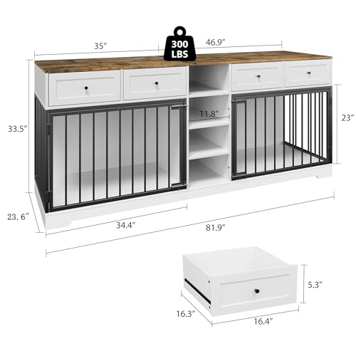 82" Large Double Dog Crate Furniture with Drawers and Shelves, White, view 3