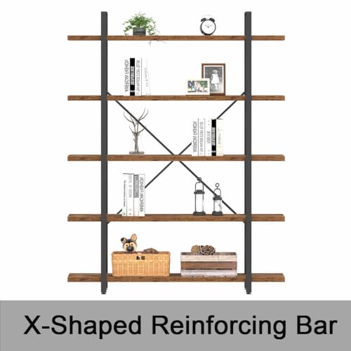 Rustic Wood Bookshelf, 5 Shelf Bookcases with Storage, Rustic Brown, view 5