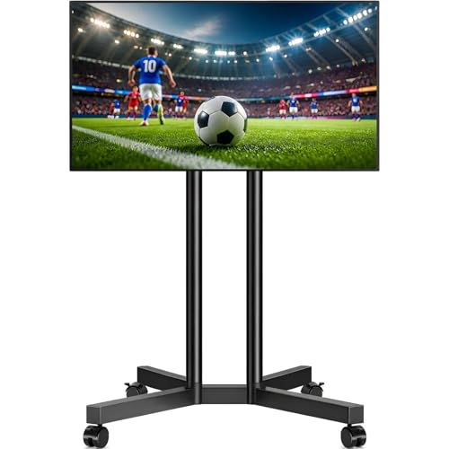 Dual-Pole Rolling TV Stand for 32-75 inch LCD LED Flat & Curved TVs, Height Adjustable Portable TV Stand with Lockable Wheels, Mobile TV Cart up to 88lbs for Bedroom, Living Room, Outdoor