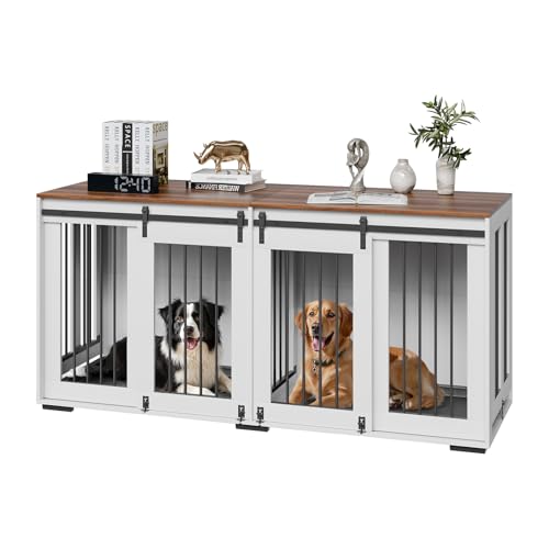 72"Dog Crate Furniture for 2 Dogs,Double Dog Crate Furniture with Double Sliding Doors,Large Dog Crate TV Stand with Removable Tray,Steel Frame Double Dog Crate for Small,Medium,Large Dogs White