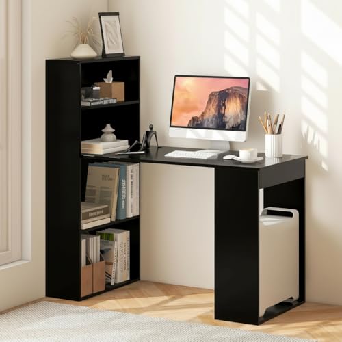 Computer Desk with Bookshelf, Writing Study Desk with Storage Shelves & CPU Stand, Modern Compact Computer Workstation for Home & Office, Space-Saving Design (Black)