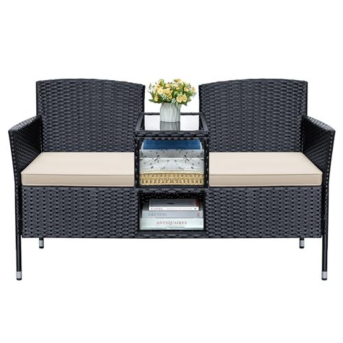 Patio Loveseat Outdoor Wicker Furniture Conversation Set with Soft Cushions & Built-in Coffee Table for Lawn Garden Backyard, Beige