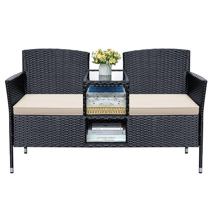 Patio Loveseat Outdoor Wicker Furniture Conversation Set with Soft Cushions & Built-in Coffee Table for Lawn Garden Backyard, Beige