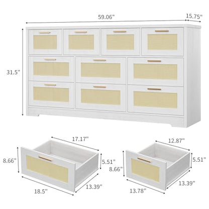 10 Drawer Dresser for Bedroom, 59 in Farmhouse Rattan Dressers & Chests of Drawers, Wooden Storage Organizer with Anti-Tipping Device for Living Room, Hallway, Entryway, White