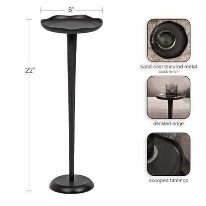 Alessia Modern Decorative Metal Drink Table; 8 x 8 x 22; Black; Round Cast Aluminum Pedestal Plant Stand with Rough Texture and Deckled Edge