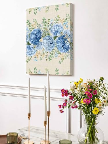 NuYeBiofx Blue Hydrangea Farm Eucalyptus Canvas Wall Art Prints,48"x32" Framed Picture Artwork Vintage Linen Texture Printed Canvas Oil Painting for Living Room Bedroom Office,Ready to Hang