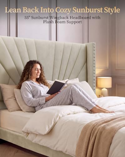 Queen Bed Frame 55" Velvet Upholstered Platform Bed, Art Deco, Cream White, view 4