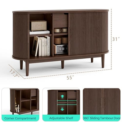 55" Sideboard Buffet Cabinet,Tambour Sliding Doors & Drawer, view 4