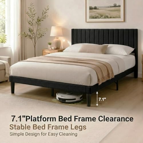 Queen Modern Upholstered Platform Bed Frame with Headboard, Black, view 5