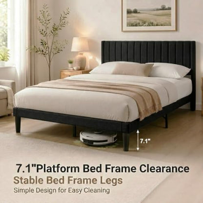 Queen Modern Upholstered Platform Bed Frame with Headboard, Black, view 5