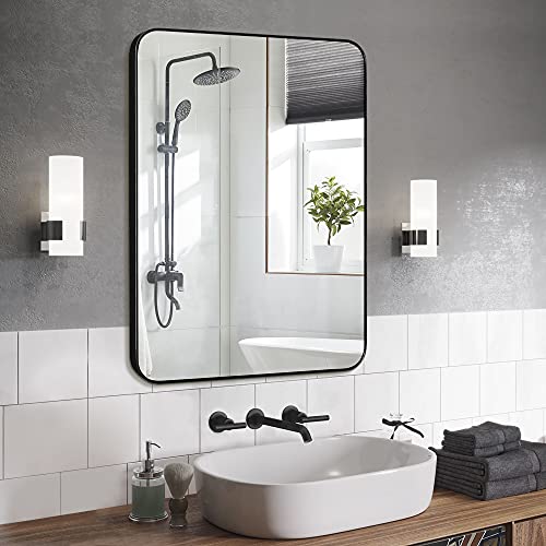 Silver rectangular wall mirror with black metal frame, view 2