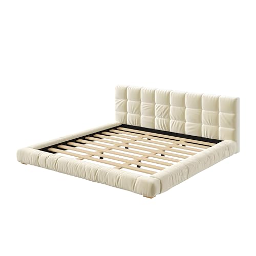 JIVOIT King Size Upholstered Platform Bed, Velvet Headboard Bed Base, Wood Slat (Beige-King-33)