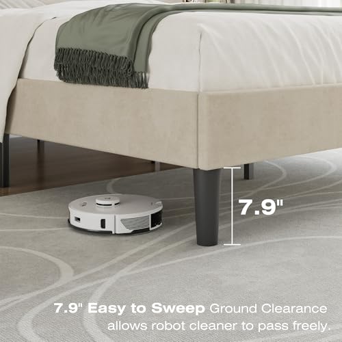 Queen Size Bed Frame with Upholstered Headboard, Pale Beige, view 7