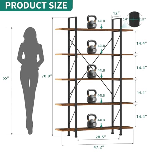 5 Tier Bookshelf | Large Bookcase Industrial Book Shelf Storage Organizer, Free Standing Storage Shelving Unit for Living Room, Bedroom,Home