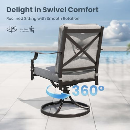 Outdoor Steel Swivel Dining Chairs Set of 2, Heavy-Duty Rustproof Black Wrought Iron Armchairs with Thick Cushions, Large Seating Furniture for Patio, Deck, Backyard, Porch
