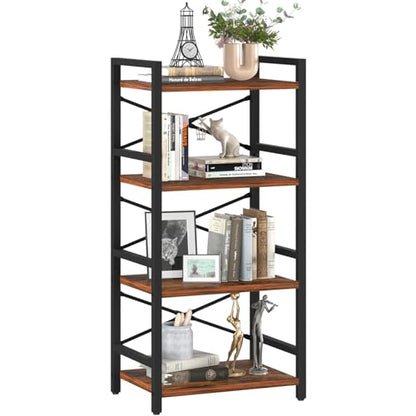 4 Tier Bookshelf - Small Book Shelf Industrial Bookcase, Narrow Book Case Book Storage Organizer for CD/Movie/Book, Bookshelves for Bedroom Office Living Room Berry Brown