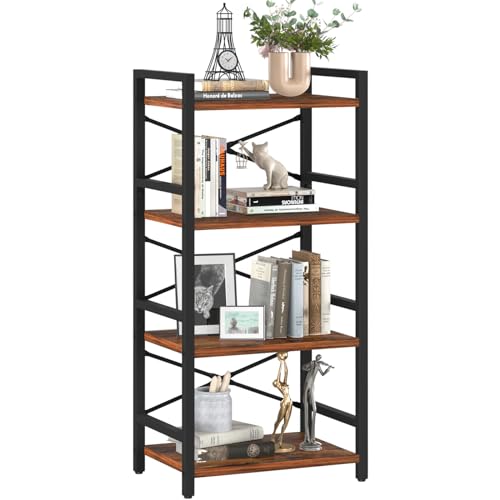 4 Tier Bookshelf - Small Book Shelf Industrial Bookcase, Narrow Book Case Book Storage Organizer for CD/Movie/Book, Bookshelves for Bedroom Office Living Room Berry Brown