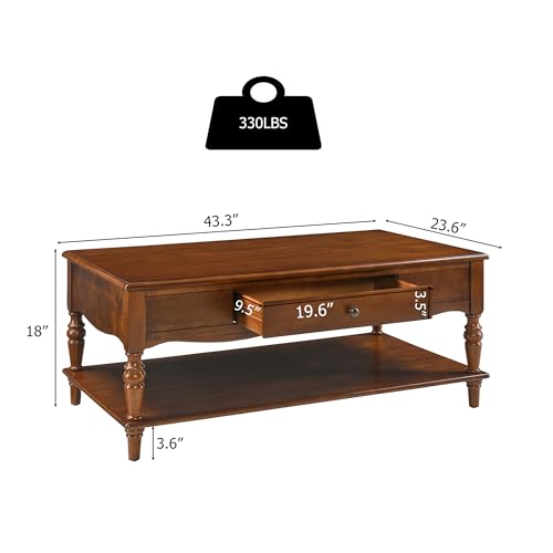 Rectangular Coffee Table with 2 Storage Drawers, Mid-century Solid Wood Living Room Table with Carved Leg, Elegant Vintage Center Table, No-Tools Assembly, 43.3”L x 23.6”W x 18”H Caramel Brown KFZC008
