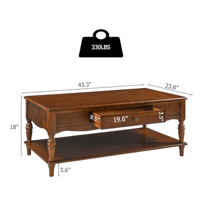 Rectangular Coffee Table with 2 Storage Drawers, Mid-century Solid Wood Living Room Table with Carved Leg, Elegant Vintage Center Table, No-Tools Assembly, 43.3”L x 23.6”W x 18”H Caramel Brown KFZC008