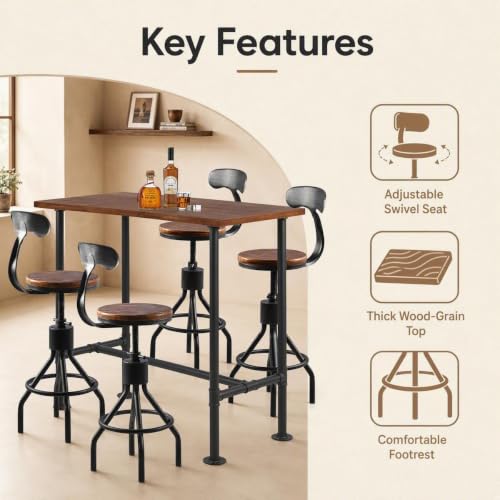 Industrial Bar Table with Set of 4 Bar Stools with Back Rustic 5 Pieces Dining, view 5