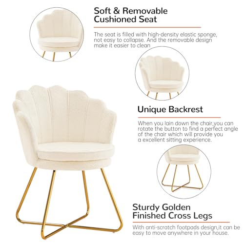 Vanity Chair with Back, Upholstered Accent Chair for Living Room, Makeup Chair for Bedroom Sherpa ArmChairs Home Office Desk Chair with Gold Metal Legs (White)