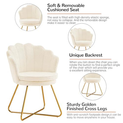 Vanity Chair with Back, Upholstered Accent Chair for Living Room, Makeup Chair for Bedroom Sherpa ArmChairs Home Office Desk Chair with Gold Metal Legs (White)