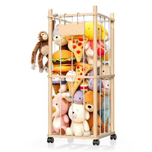Stuffed Animal Storage Organizer, Wooden Plushies Toy Zoo Holder with Wheels, view 2