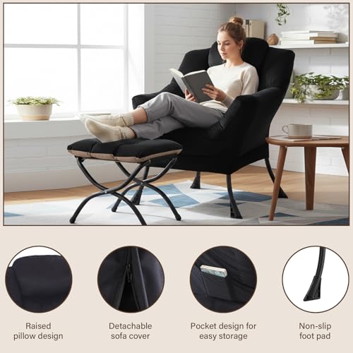 Lazy Chair with Ottoman, Modern Accent Chair with Armrests and a Side Pocket, Leisure Sofa Armchair, Reading Armchair with Footrest for Small Space, Black
