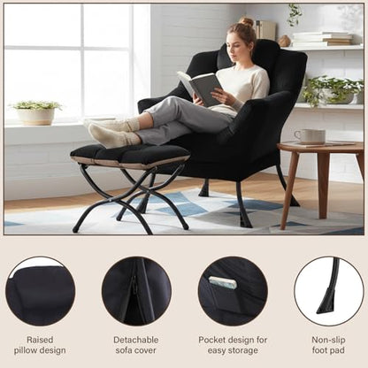 Lazy Chair with Ottoman, Modern Accent Chair with Armrests and a Side Pocket, Leisure Sofa Armchair, Reading Armchair with Footrest for Small Space, Black