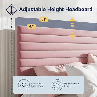 Queen Bed Frame, Velvet Upholstered Bed with Adjustable Headboard, view 5
