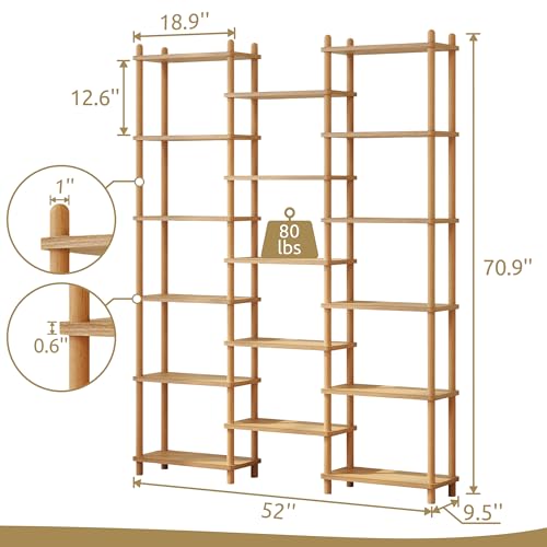 IOTXY Wooden Triple Wide Bookshelf - 6-Tier Large Shelf Bookcase with Solid Beech Frame, Tall Freestanding Open Etagere Display Rack for Home Office, Oak