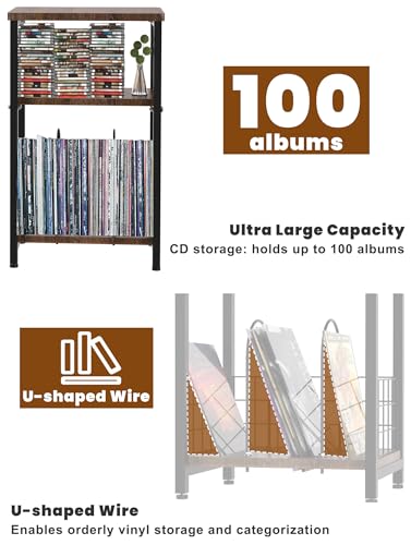 Record Player Stand, 3 Tier Side End Table with Vinyl Record Storage Basket, Turntable up to 100 Albums Record Shelf Display Holder Cabinet for Living Room, Bedroom, Office, Black