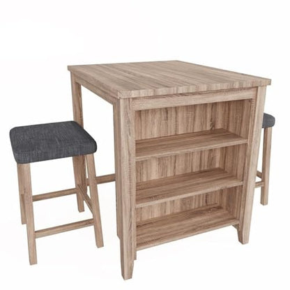 Lilola Home Dawson 36-inch Oak Finish 3-Piece Counter Height Table Set, Built-in Storage Shelves and 2 Linen-Upholstered Stools — Space-Saving Dining Set for Kitchen, Apartments, and Breakfast Nooks