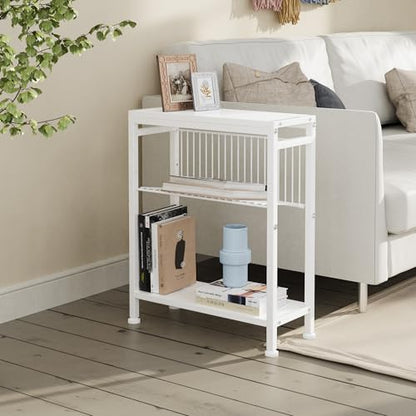 Side Table for Small Spaces, Narrow End Table with Magazine Holder, 2 in 1 Design Slim Side Table, Skinny Nightstand for Living Room Bedroom, Thin Side Magazine Table, White