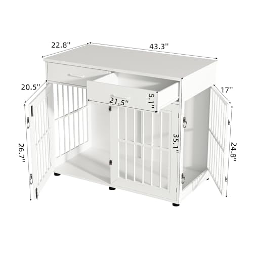 43.3" Large Dog Crate Furniture with 2 Drawers, White, view 3