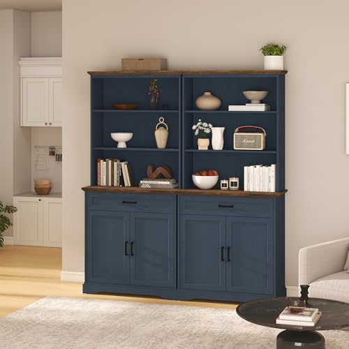 72" Bookcase with Doors & Drawer, Blue Adjustable Bookshelf with Cabinet, view 4