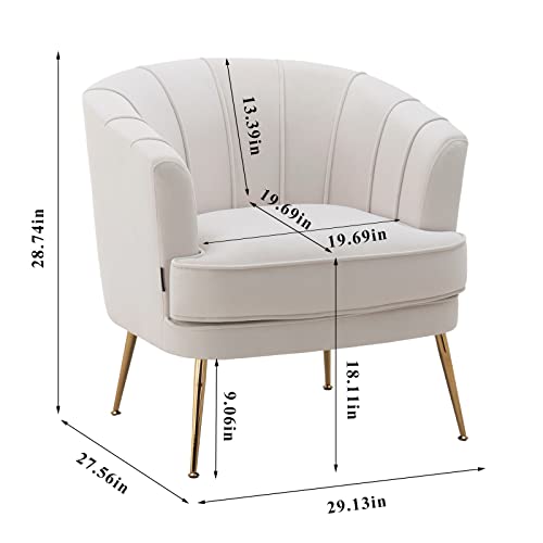 Modern Velvet Barrel Chair Accent Armchair with Golden Legs for Living Room Bedroom Home Office, Channel Tufted Back Club Chair, Beige White Cream
