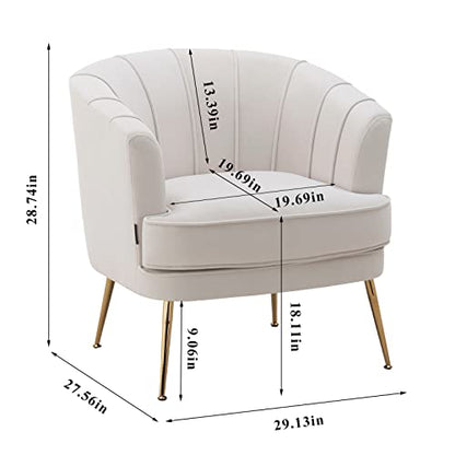 Modern Velvet Barrel Chair Accent Armchair with Golden Legs for Living Room Bedroom Home Office, Channel Tufted Back Club Chair, Beige White Cream