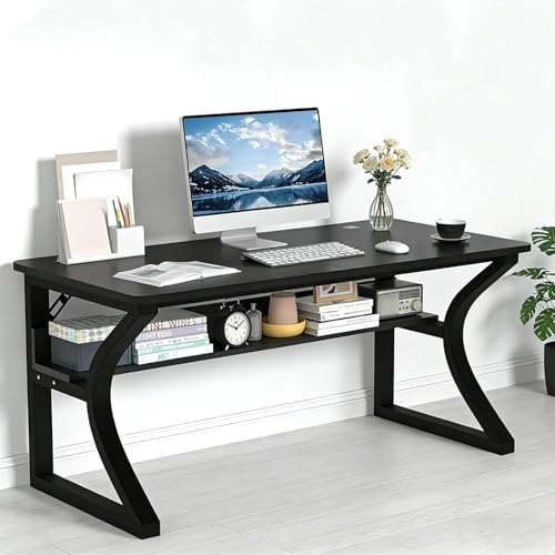 Computer Desk, 55Inch Computer Desk w/Storage Shelves, Home Office Desks w/U Shaped Metal Frame, Study Writing Desk w/Cable Management, Deeper & Thicker Desktop Table for Home Office (55inch/Black)