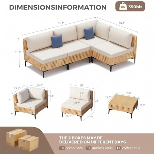 Outdoor Sectional 5 Piece Modular Patio Furniture Set Free Combination Outdoor Couch with Thick Cushion All Weather Wicker Patio Conversation Sets for Backyard, Deck, Poolside